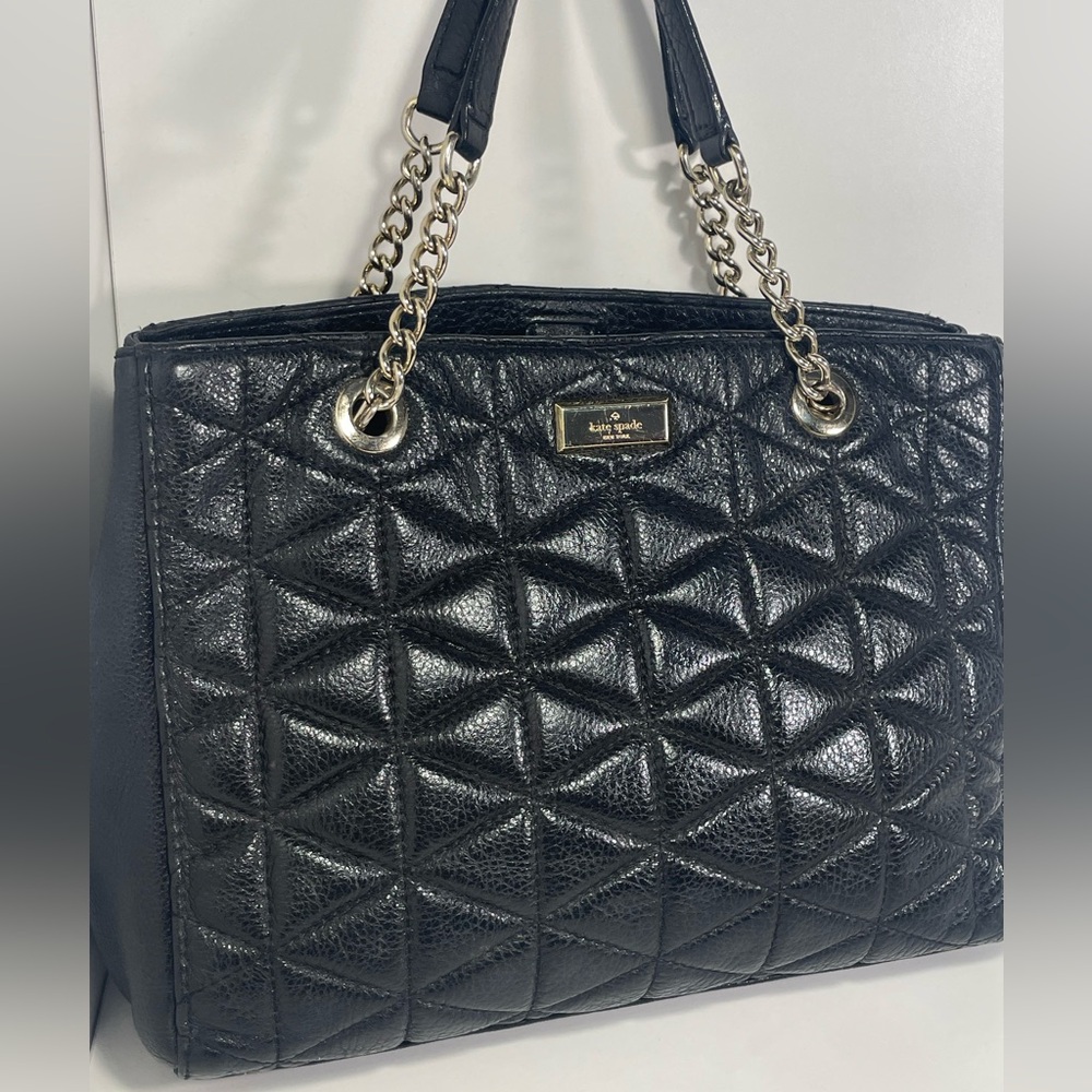 Kate Spade Black Quilted Leather Satchel Gold Chain Strap Multiple Compartments - Picture 3 of 16
